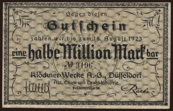 Düsseldorf/ Klöckner-Werke AG, 500.000 Mark, 1923 | notafilia-kp.com