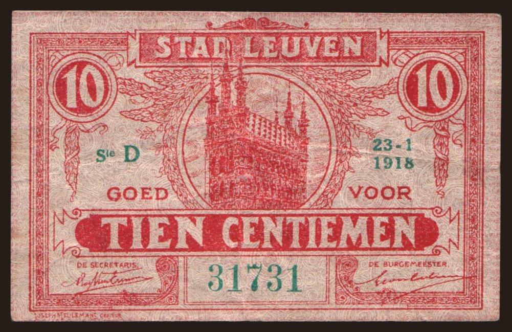 Leuven, 10 centiemen, 1918