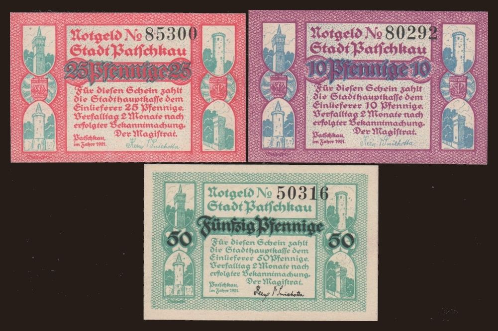 Patschkau, 3x 10 - 50 Pfennig, 1921