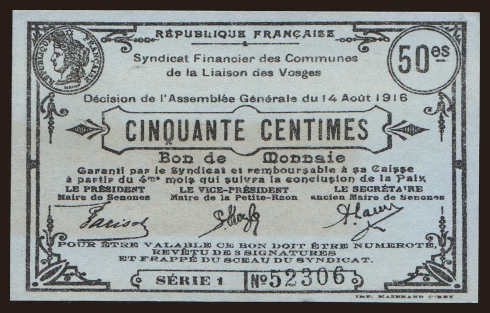 Vosges/ Syndicat Financier, 50 cenimes, 1916