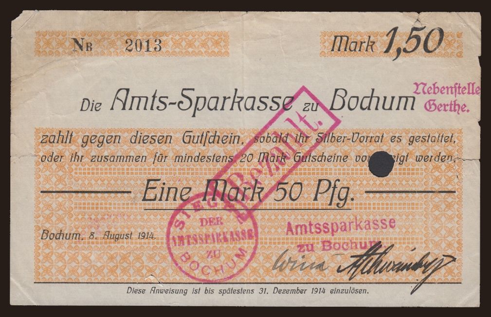 Bochum/ Amts-Sparkasse, 1.5 Mark, 1914