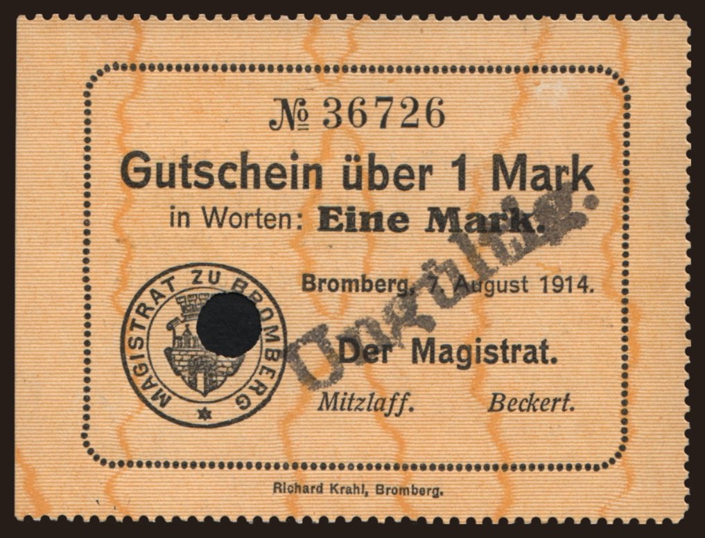 Bromberg(Bydgoszcz),
 / Magistrat, 1 Mark, 1914