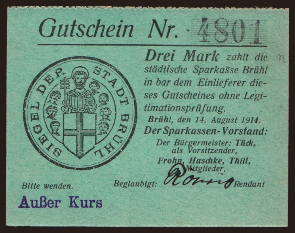Brühl/ Städtische Sparkasse, 3 Mark, 1914