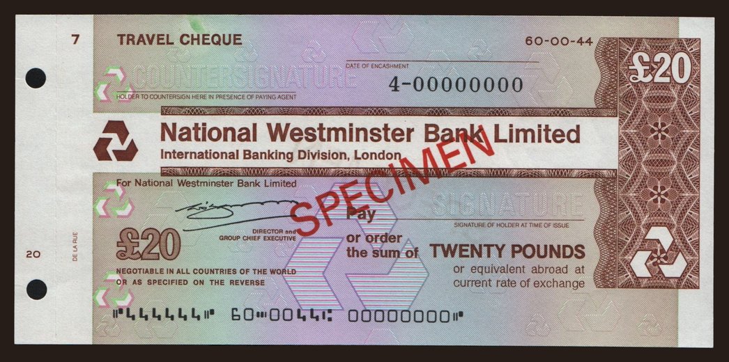 Travellers cheque, National Westminster Bank Limited, 20 pounds, specimen