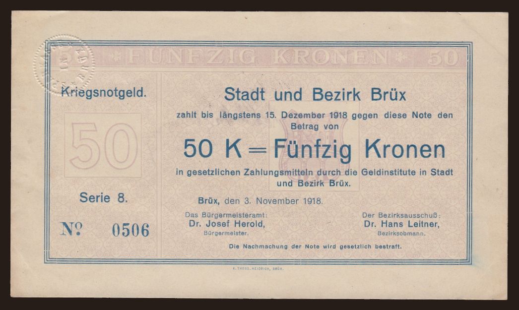 Brüx / Most, 50 kronen, 1918