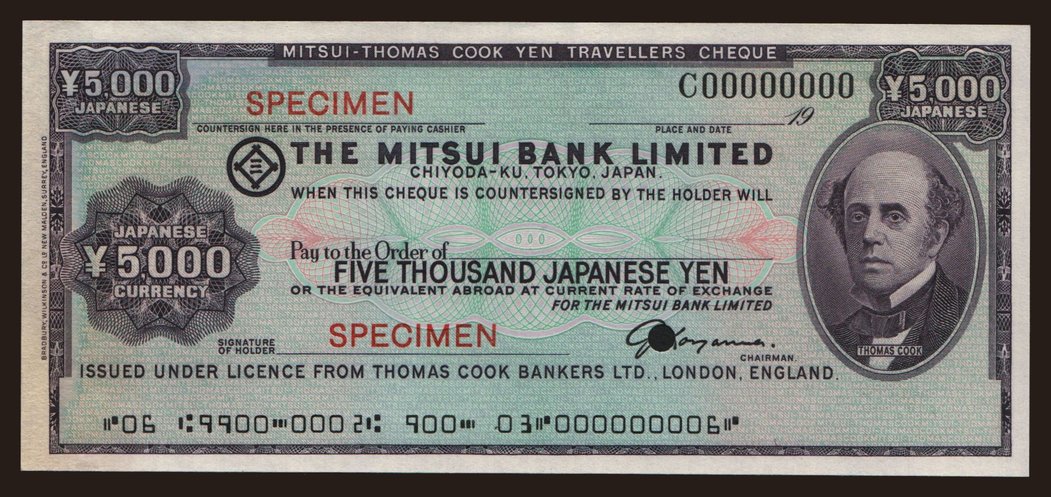 Travellers cheque, Mitsui Bank Limited, 5000 yen, specimen