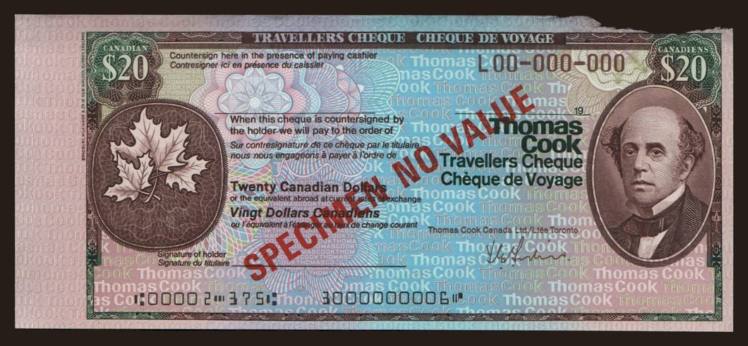 Travellers cheque, Thomas Cook, 20 dollars, specimen