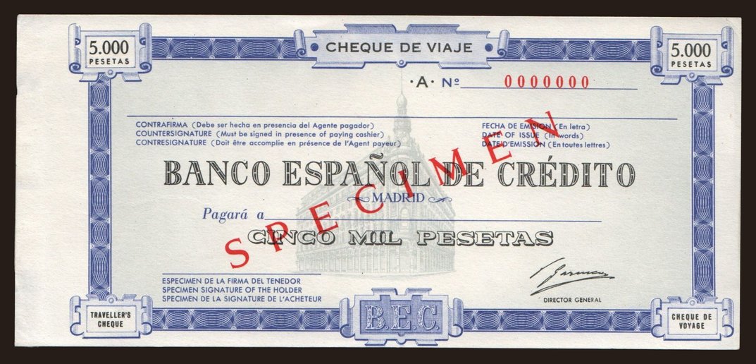 Travellers cheque, Banco Espanol de Credito, 5000 pesetas, specimen