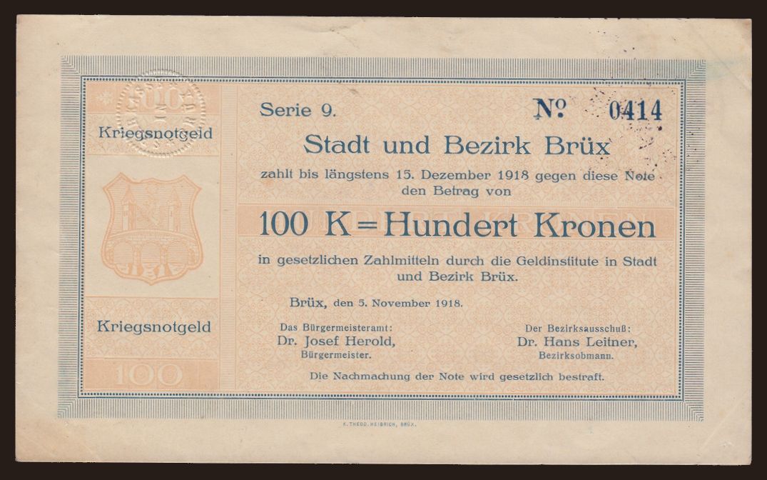 Brüx / Most, 100 kronen, 1918