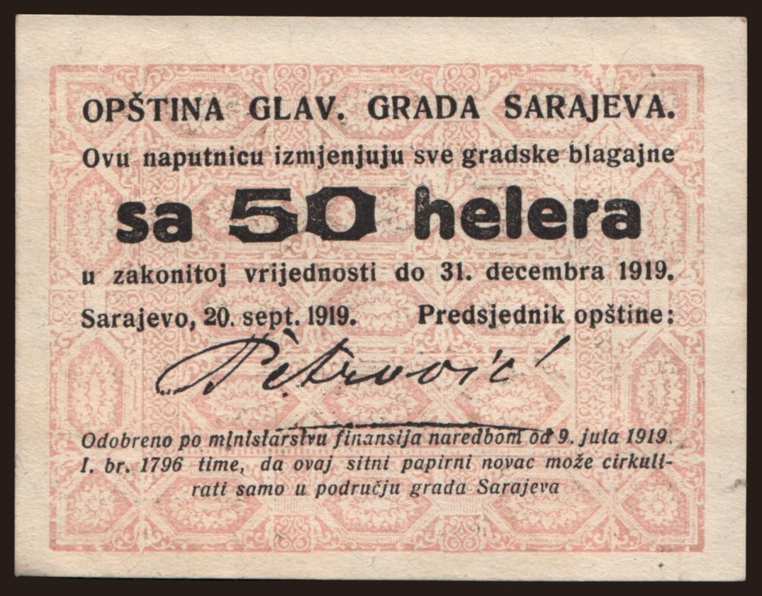 Sarajevo, 50 helera, 1919