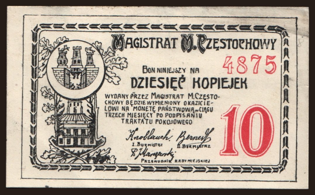 Czestochowa, 10 kopiejek, 1916