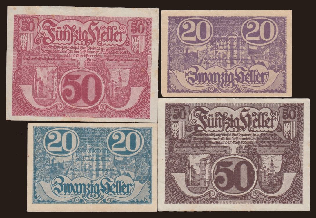 Oberösterreich, 10, 20, 50 heller, 1.3.1920, (4x)