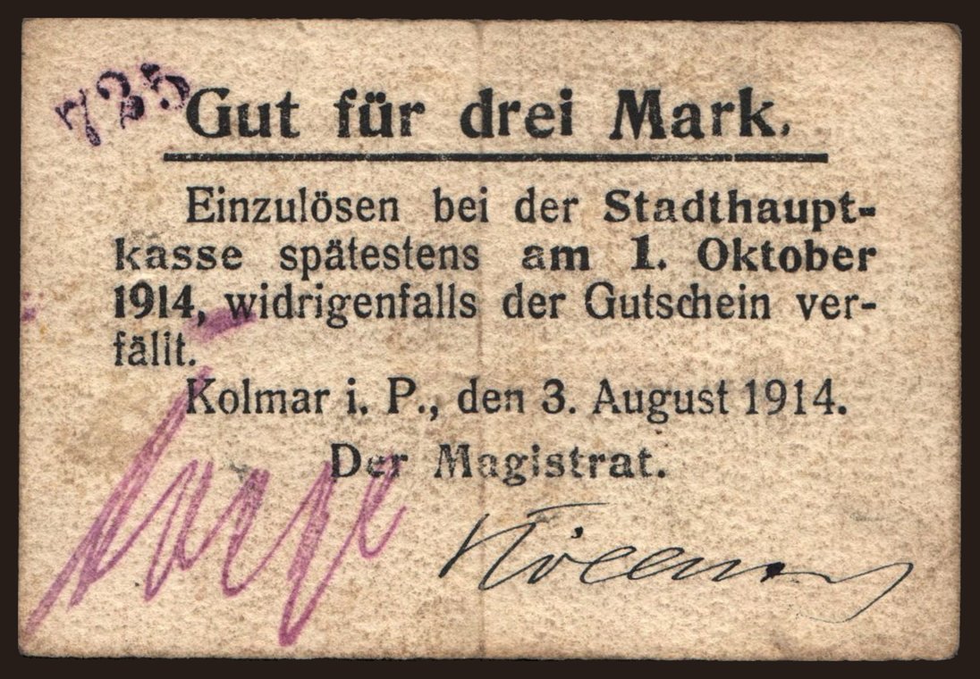 Kolmar/ Magistrat, 3 Mark, 1914