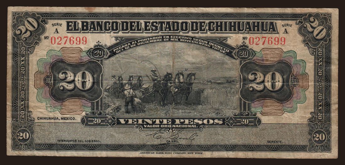 El Banco Del Estado de Chihuahua, 20 pesos, 1913