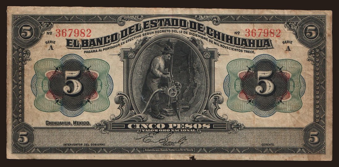 El Banco Del Estado de Chihuahua, 5 pesos, 1913