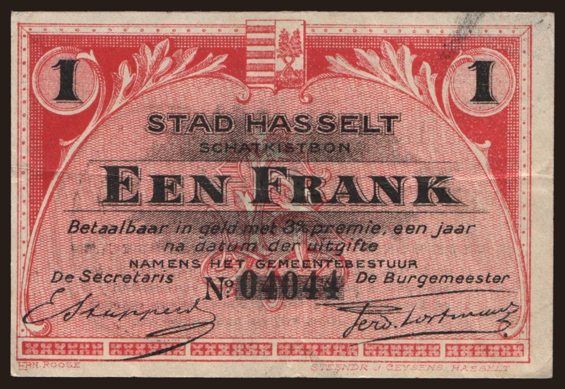 Hasselt, 1 frank, 191?