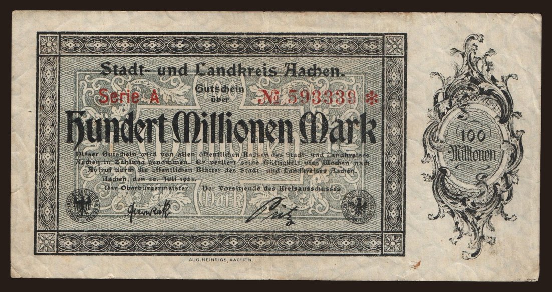 Aachen/ Stadt- und Landkreis, 100.000.000 Mark, 1923