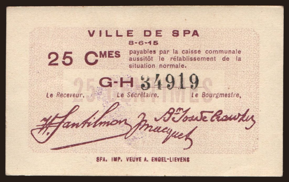 Spa, 25 centimes, 1915