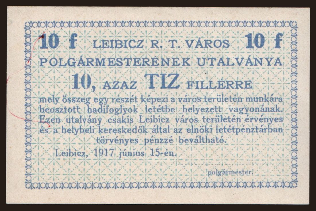 Leibicz, 10 fillér, 1917
