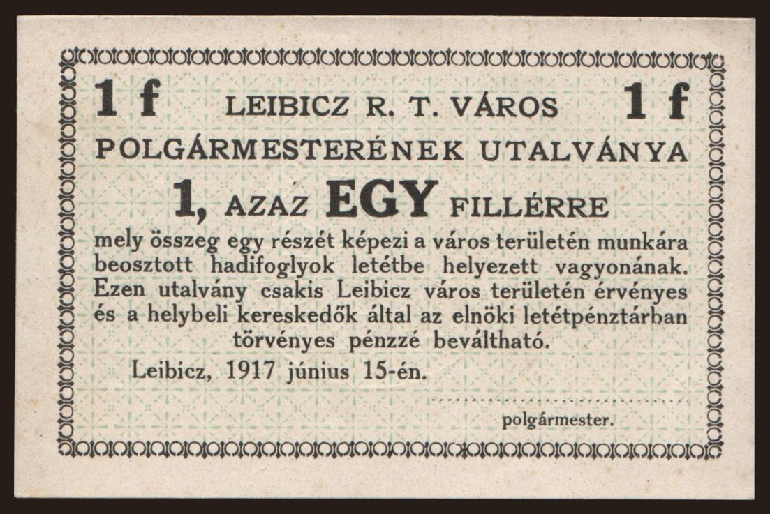 Leibicz, 1 fillér, 1917