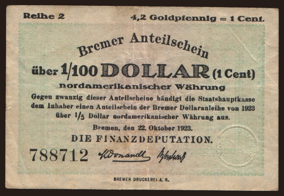 Bremen/ Finanzdeputation, 1/100 Dollar, 1923