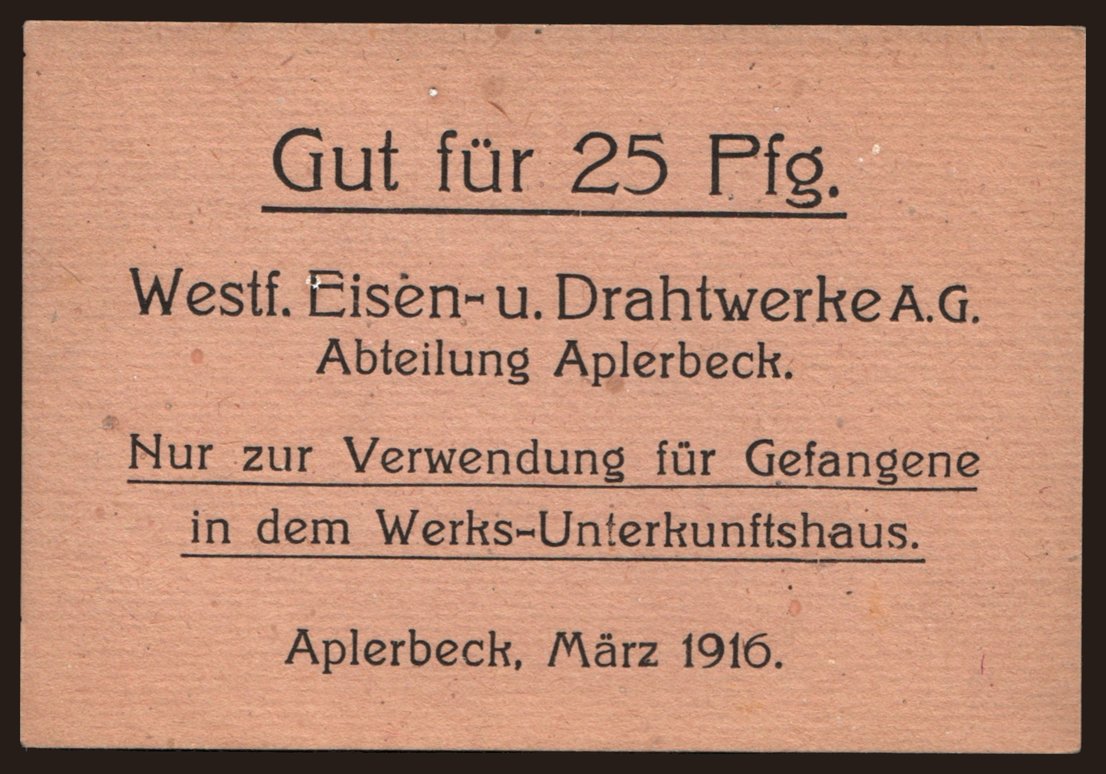 Aplerbeck/ Westf. Eisen- u. Drahtwerke A.G., 25 Pfennig, 1916