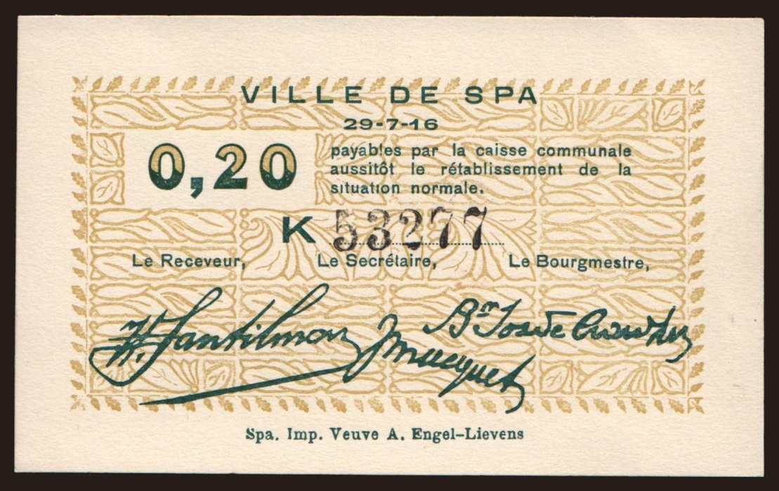 Spa, 20 centimes, 1916