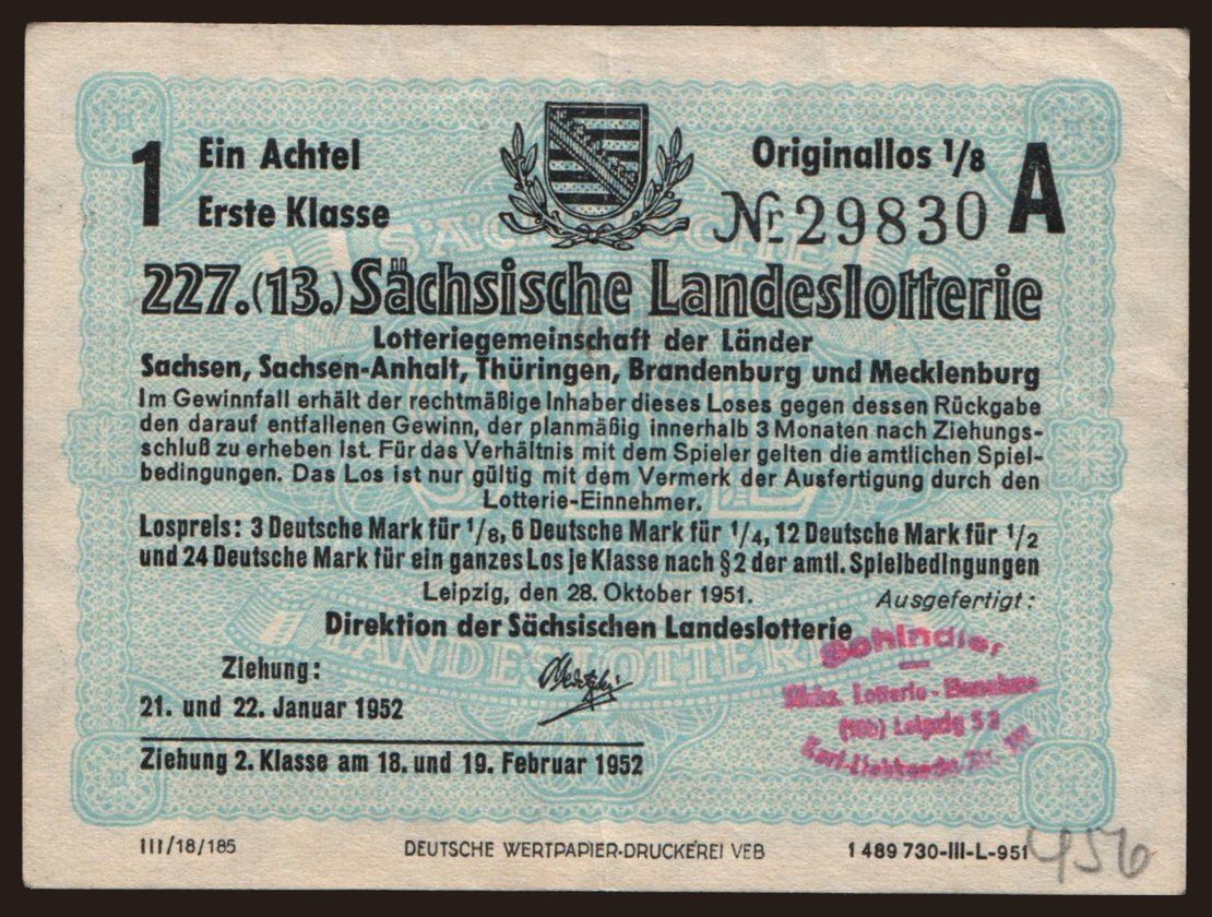 Sächsische Landeslotterie, 1/8 Los, 1952