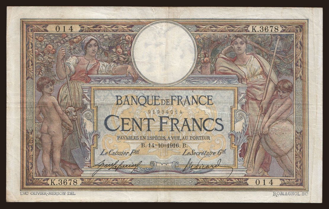 100 francs, 1916