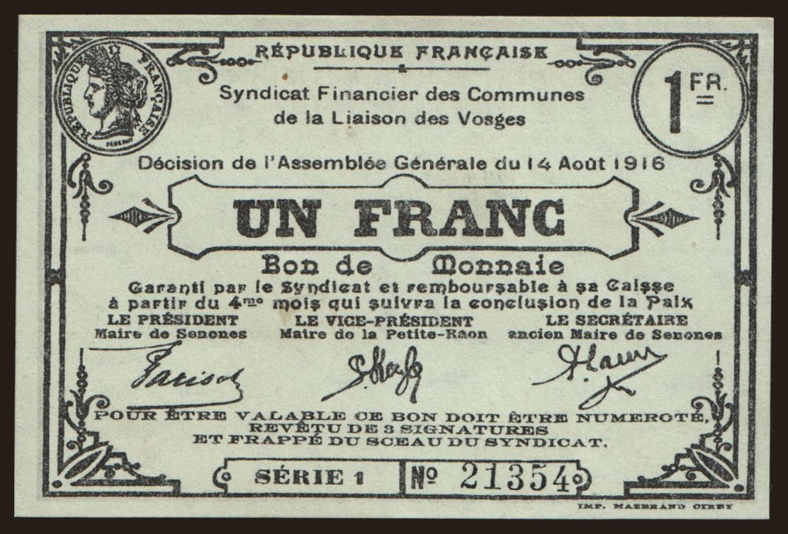 Vosges/ Syndicat Financier, 1 franc, 1916