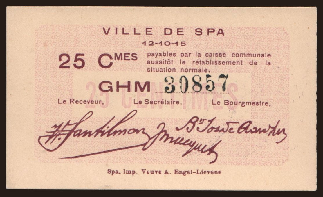 Spa, 25 centimes, 1915
