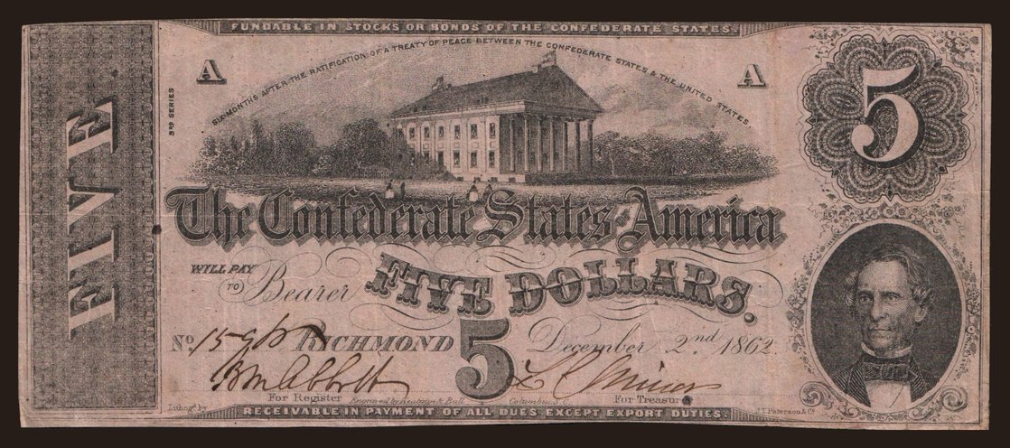 CSA, 5 dollars, 1862