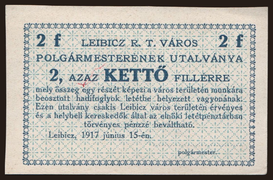 Leibicz, 2 fillér, 1917