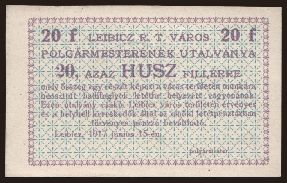Leibicz, 20 fillér, 1917