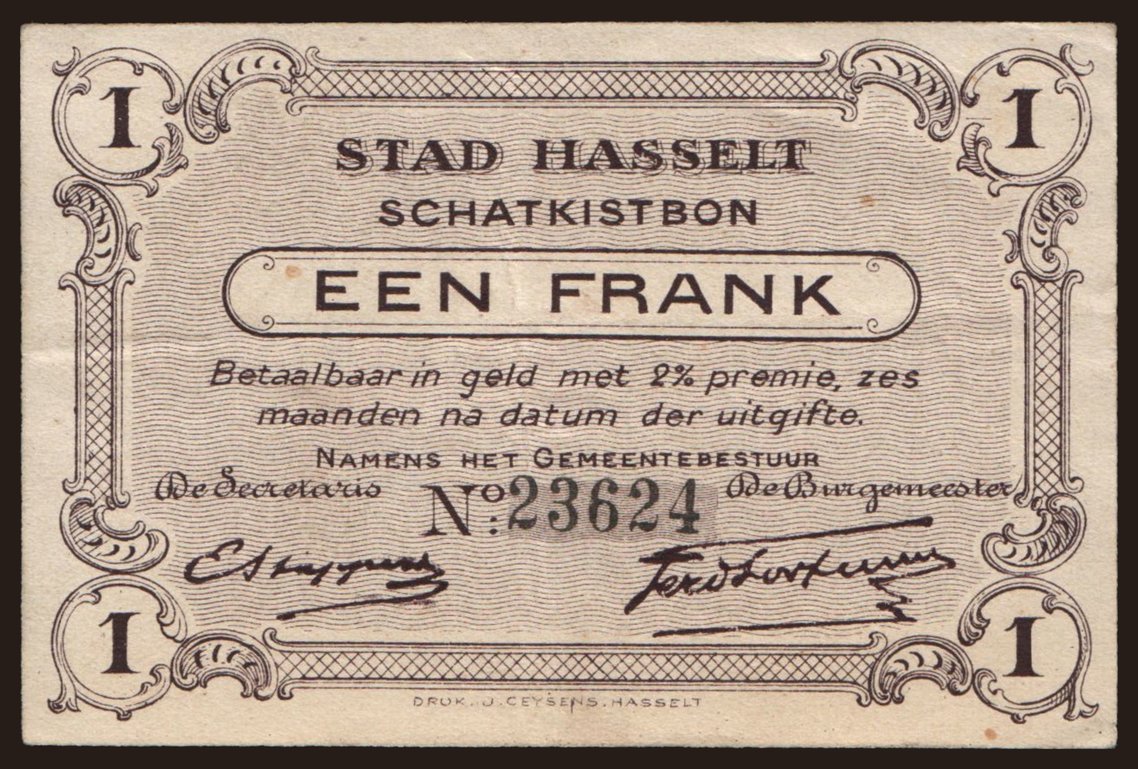 Hasselt, 1 frank, 1914