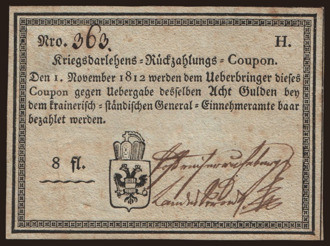 Kriegsdarlehens-Rückzahlungs-Coupon, 8 Gulden, 1812
