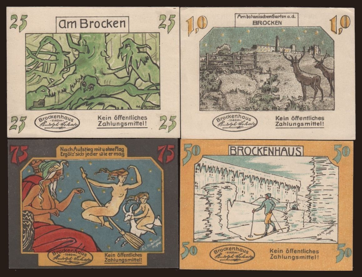 Brockengeld,  4x 10 - 75 Pfennig, 192?