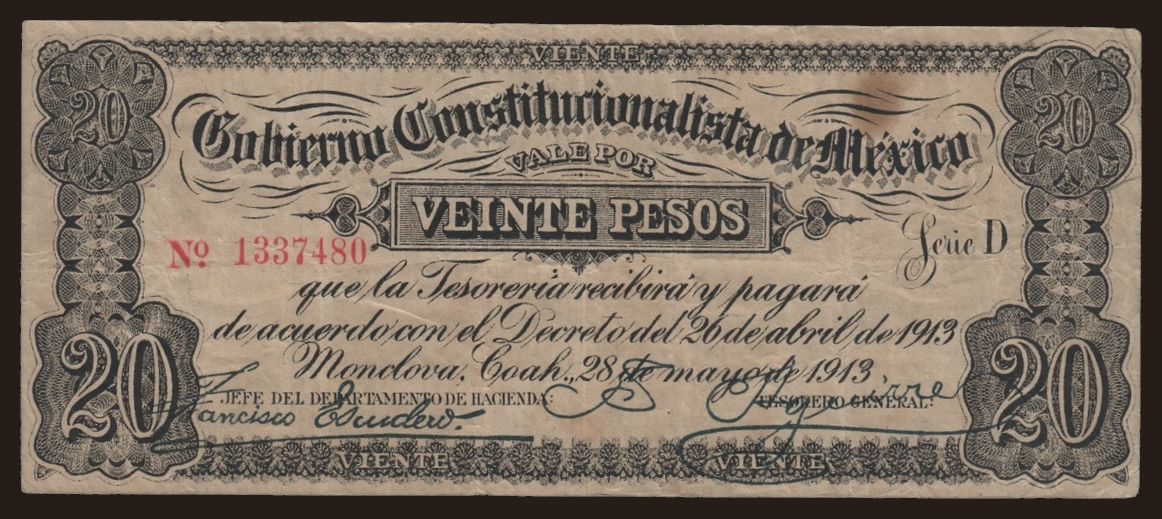 Gobierno Constitucionalista De Mexico, 20 pesos, 1913