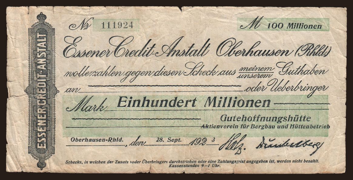 Oberhausen/ Essener Credit-Anstalt, 100.000.000 Mark, 1923