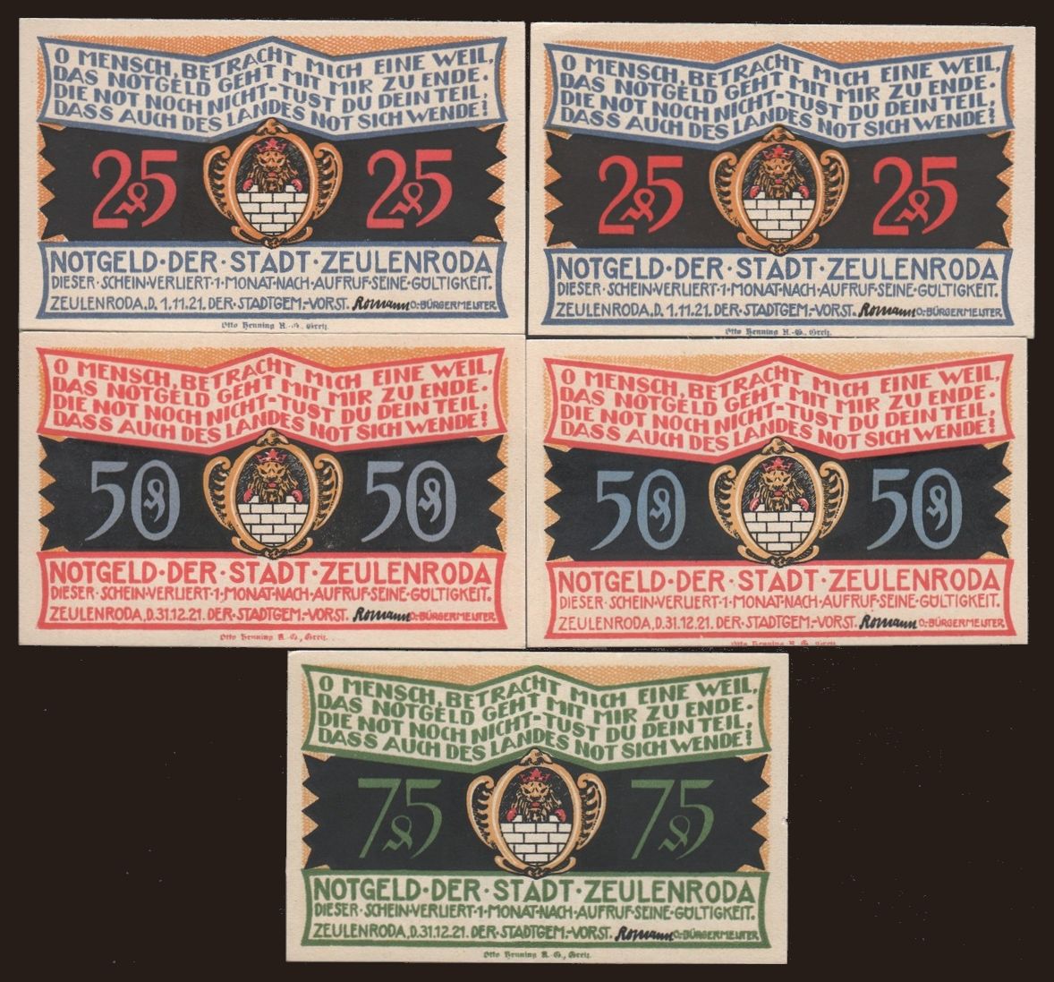 Zeulenroda, 5x 25 - 75 Pfennig, 1921
