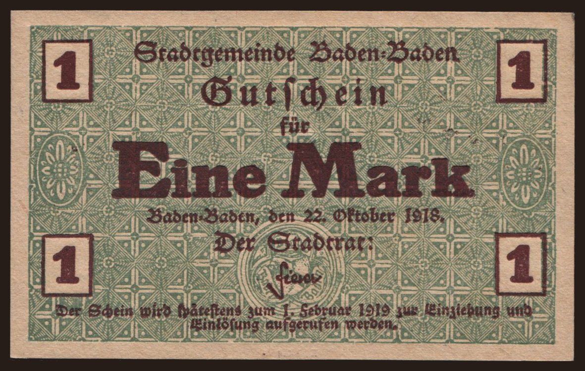 Baden-Baden/ Stadt, 1 Mark, 1918