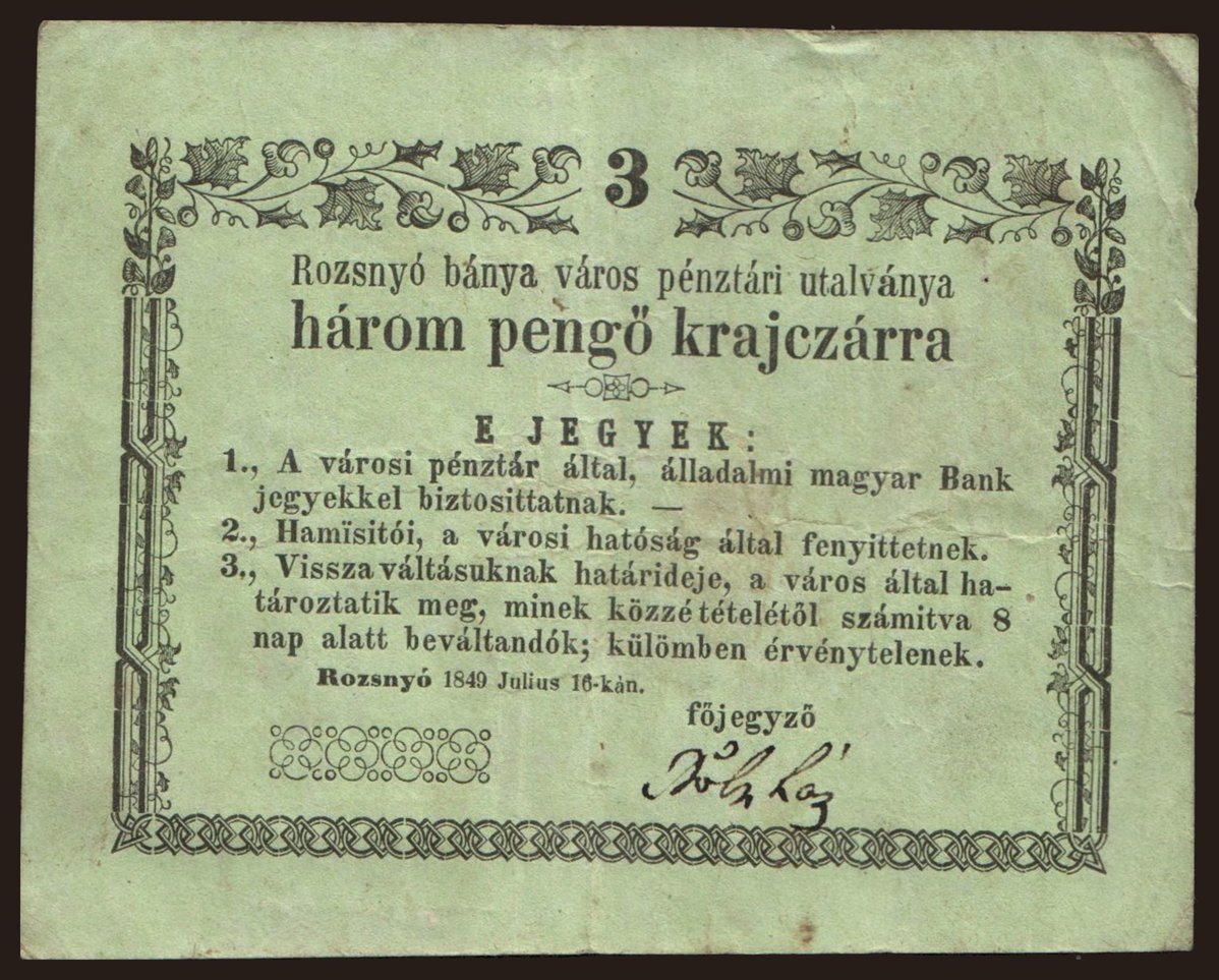 Rozsnyó, 3 krajcár, 1849