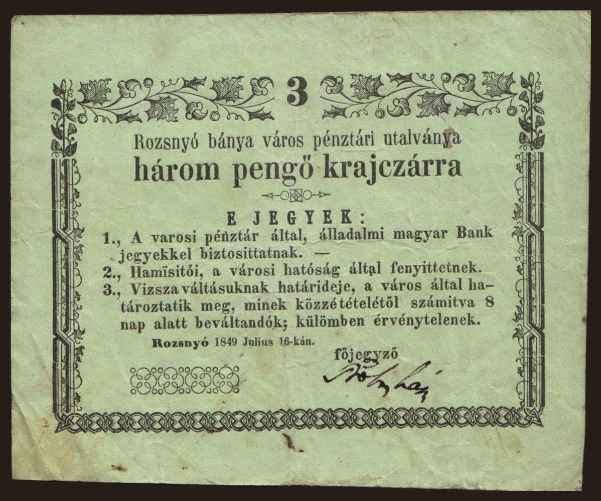 Rozsnyó, 3 krajcár, 1849