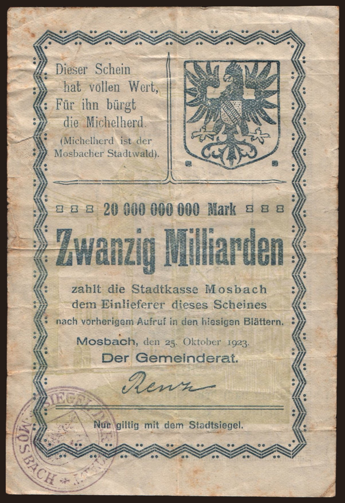Mosbach/ Stadt, 20.000.000 Mark, 1923