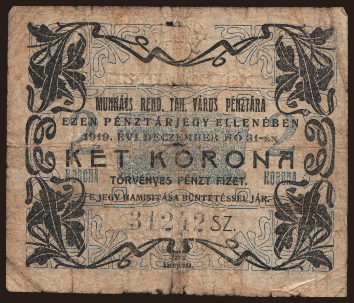 Munkács/ Mukachevo, 2 korona, 1919