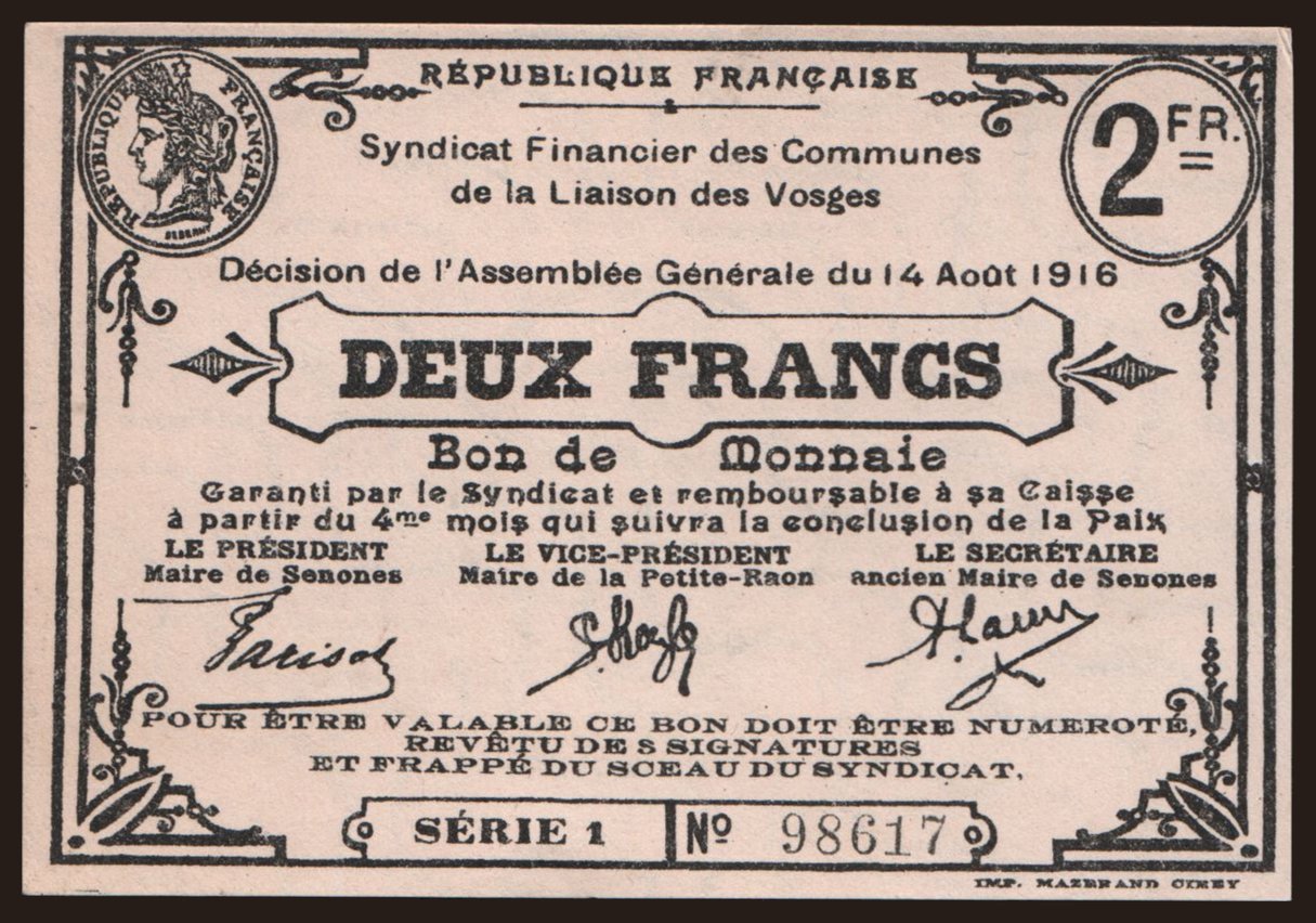 Vosges/ Syndicat Financier, 2 francs, 1916
