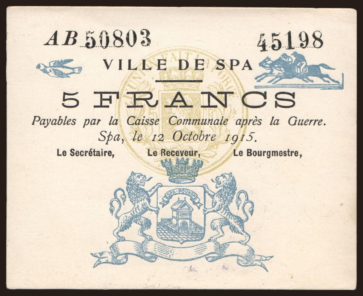 Spa, 5 francs, 1915