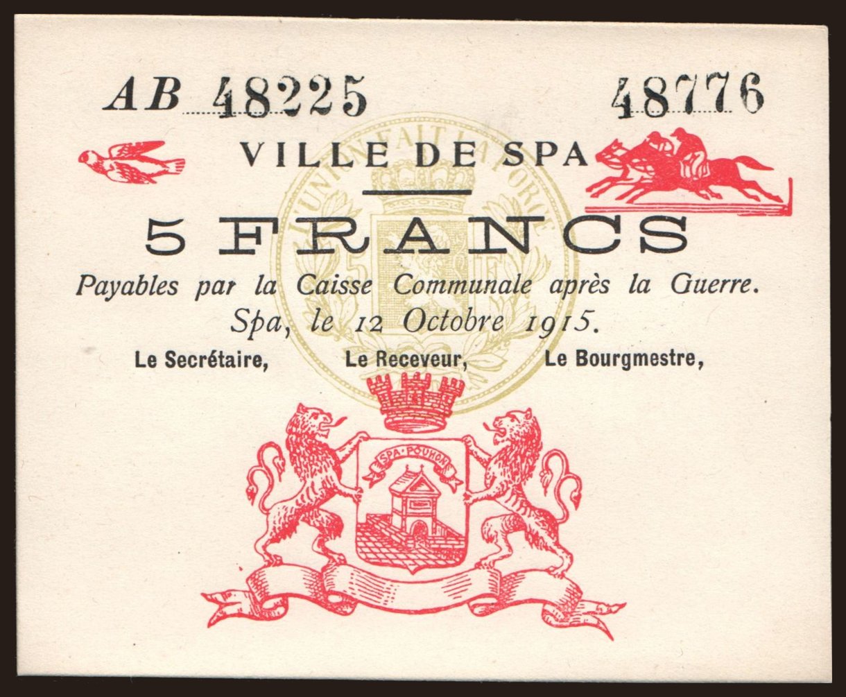 Spa, 5 francs, 1915