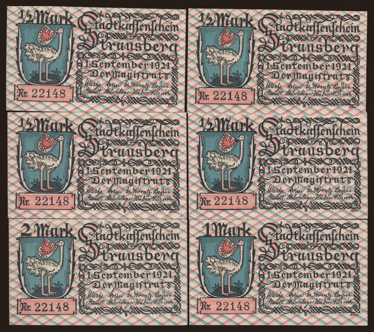 Strausberg, 6x 1/2 Mark, 1921