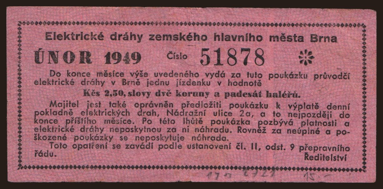 Brno/ Elektrické Dráhy, 2.50 korun, 1949